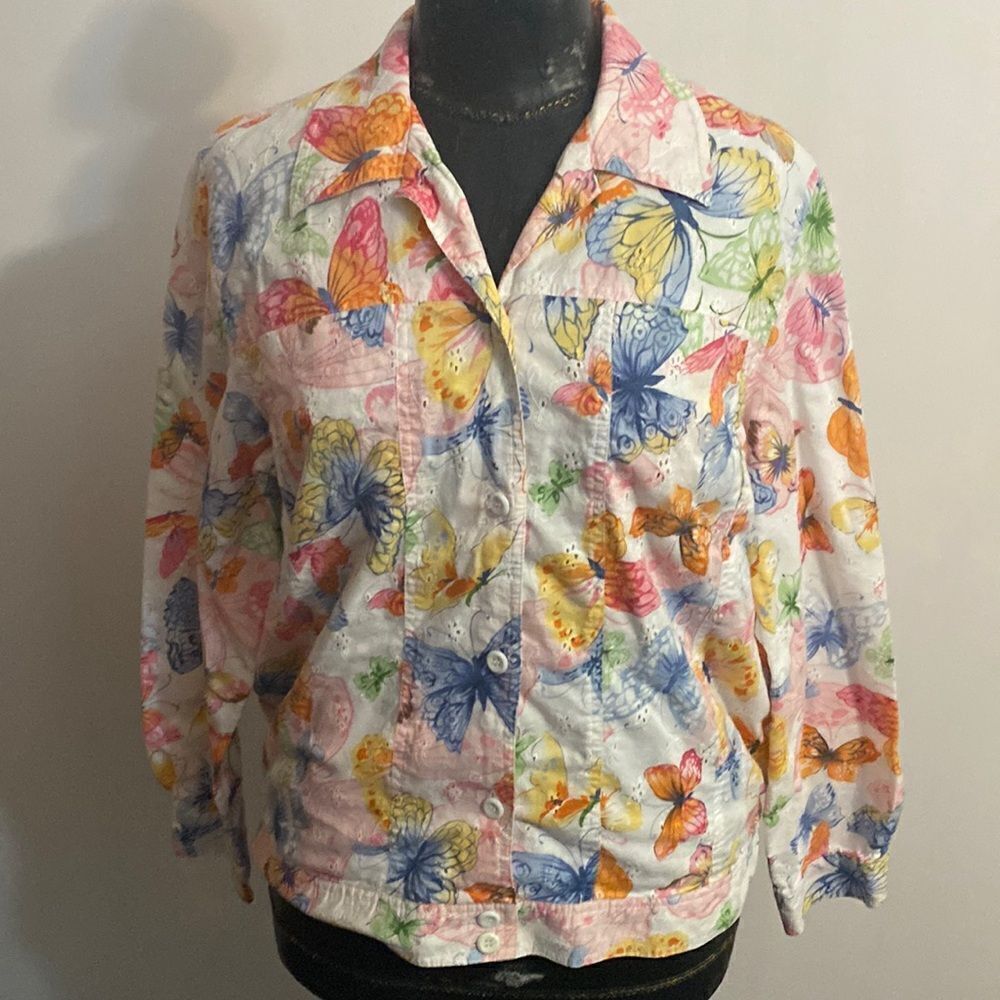Alfred Dunner Butterfly Floral pastel eyelet jacket, size 14